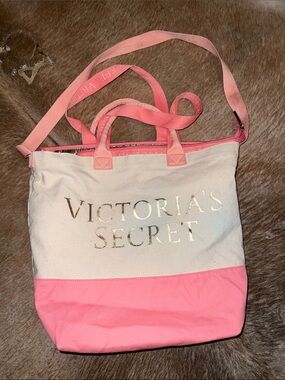Victoria's Secret Cream and Pink Canvas Tote I chest bag in a bag with Gold Logo